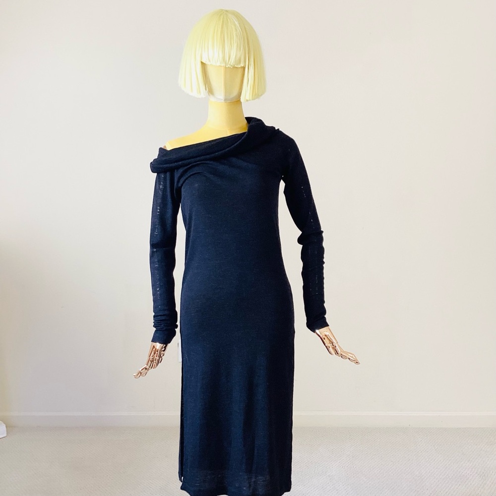 Brunello Cucinelli Sheath Dress Black Wool Long Sleeve with Cowl Neckline SZ M